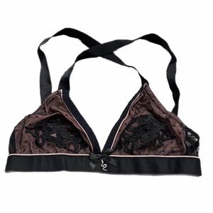 Y2K European Vintage Snake Embroidered Sheer Lace Mesh Bralette (Black/Pink) XS